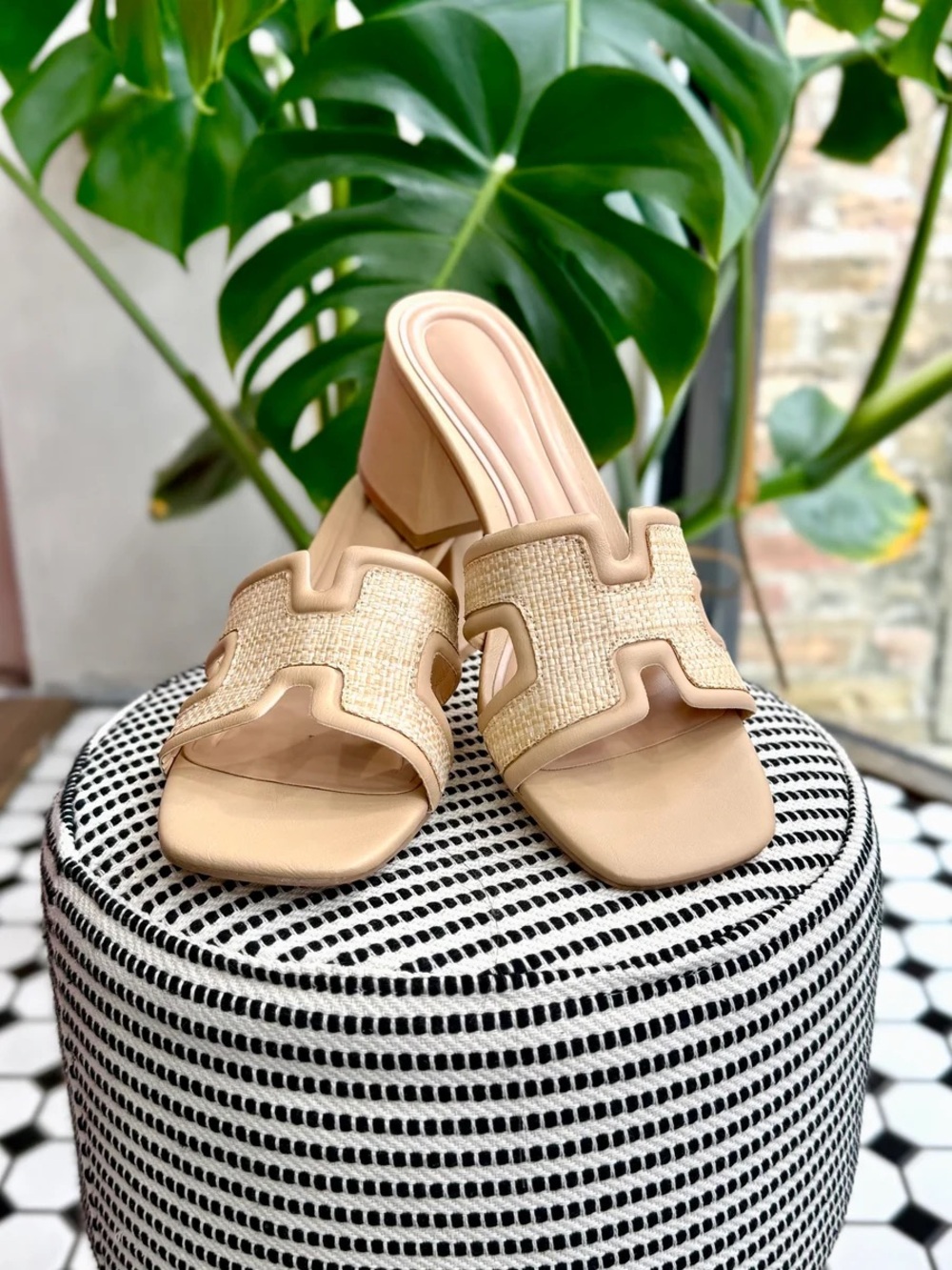 Beige Raffia Slide Heels - Women